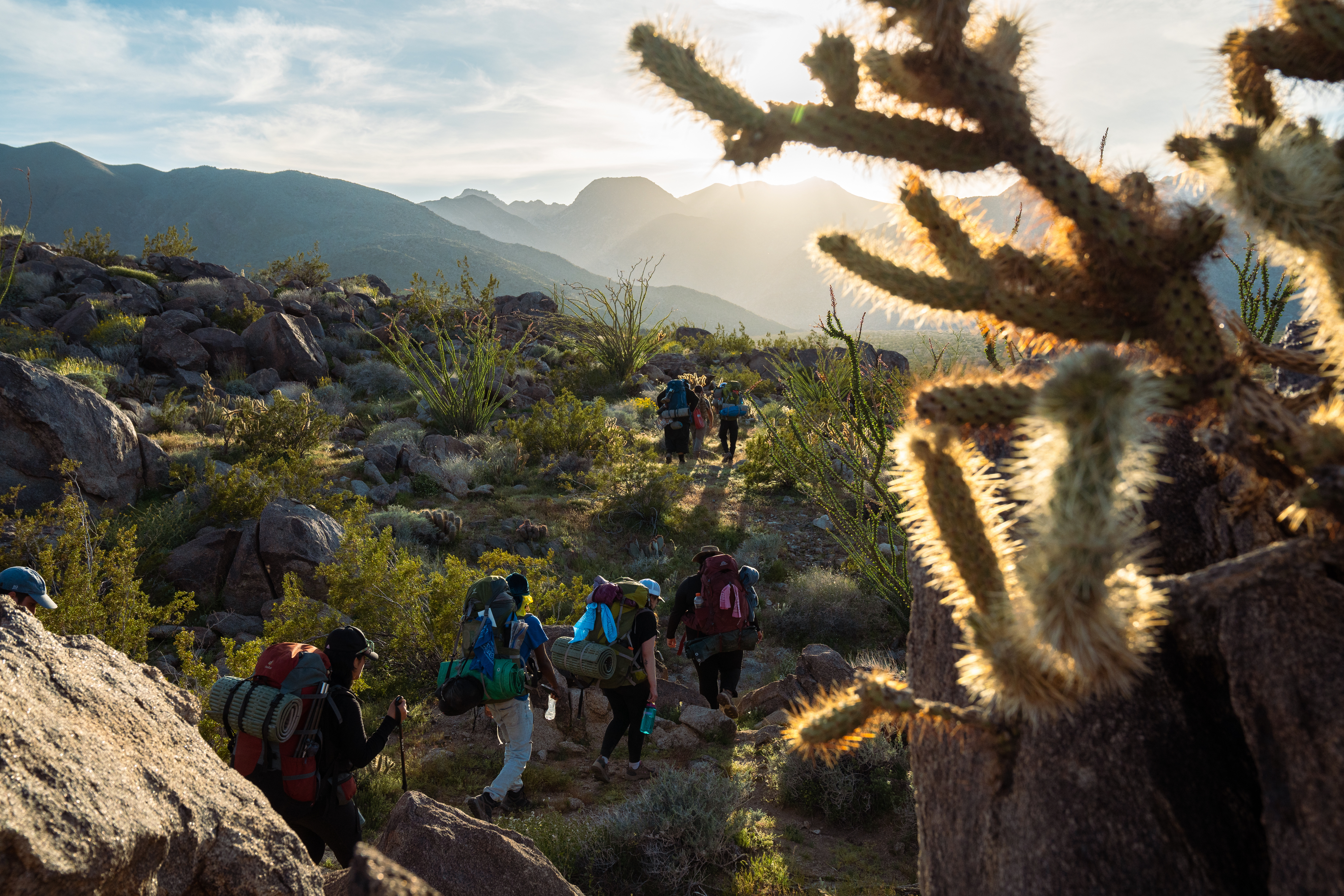 A group of young people backpack through a desert